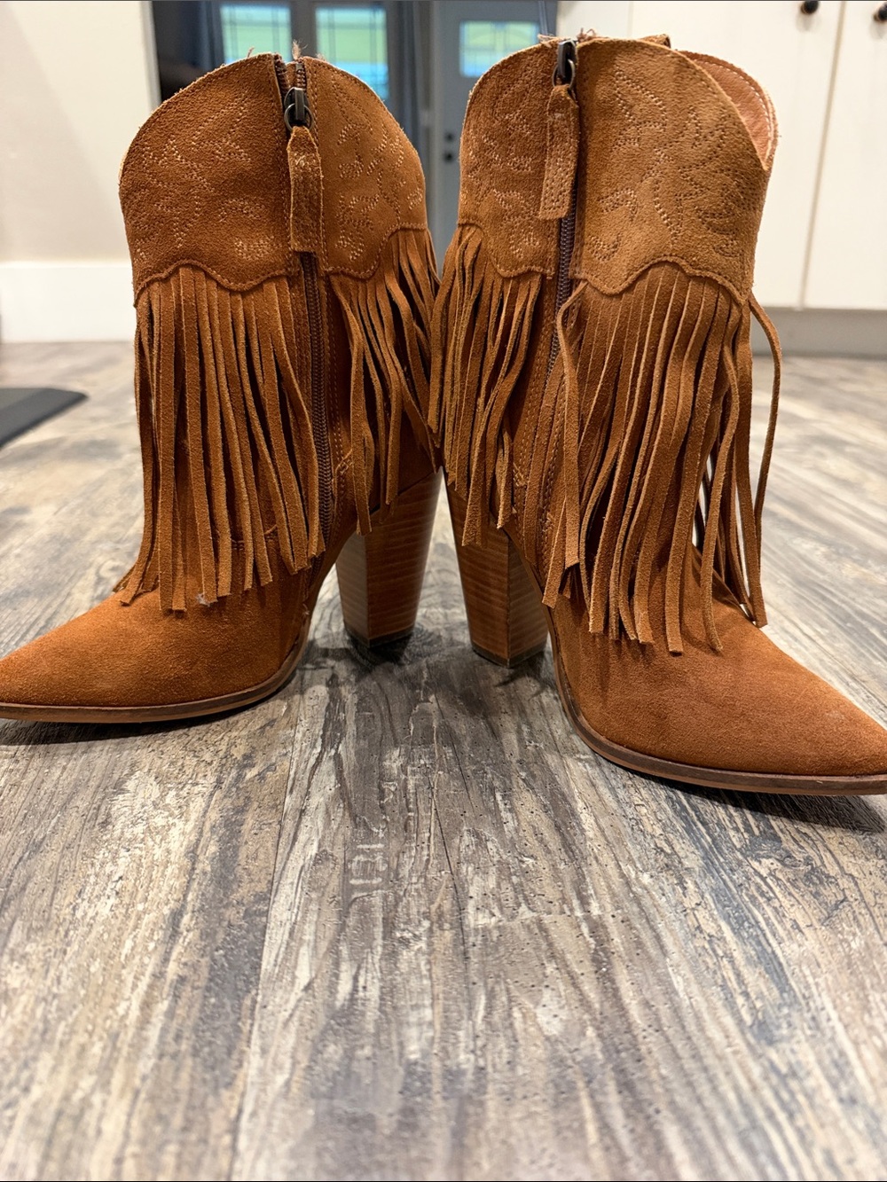 dingo Suede Fringe Western Ankle Boots in Cognac Brown